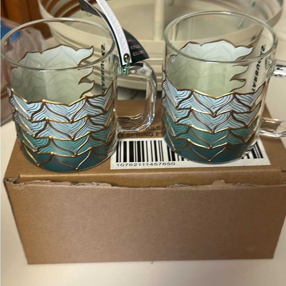 Starbucks Glass Mugs with Gold and Teal Pattern